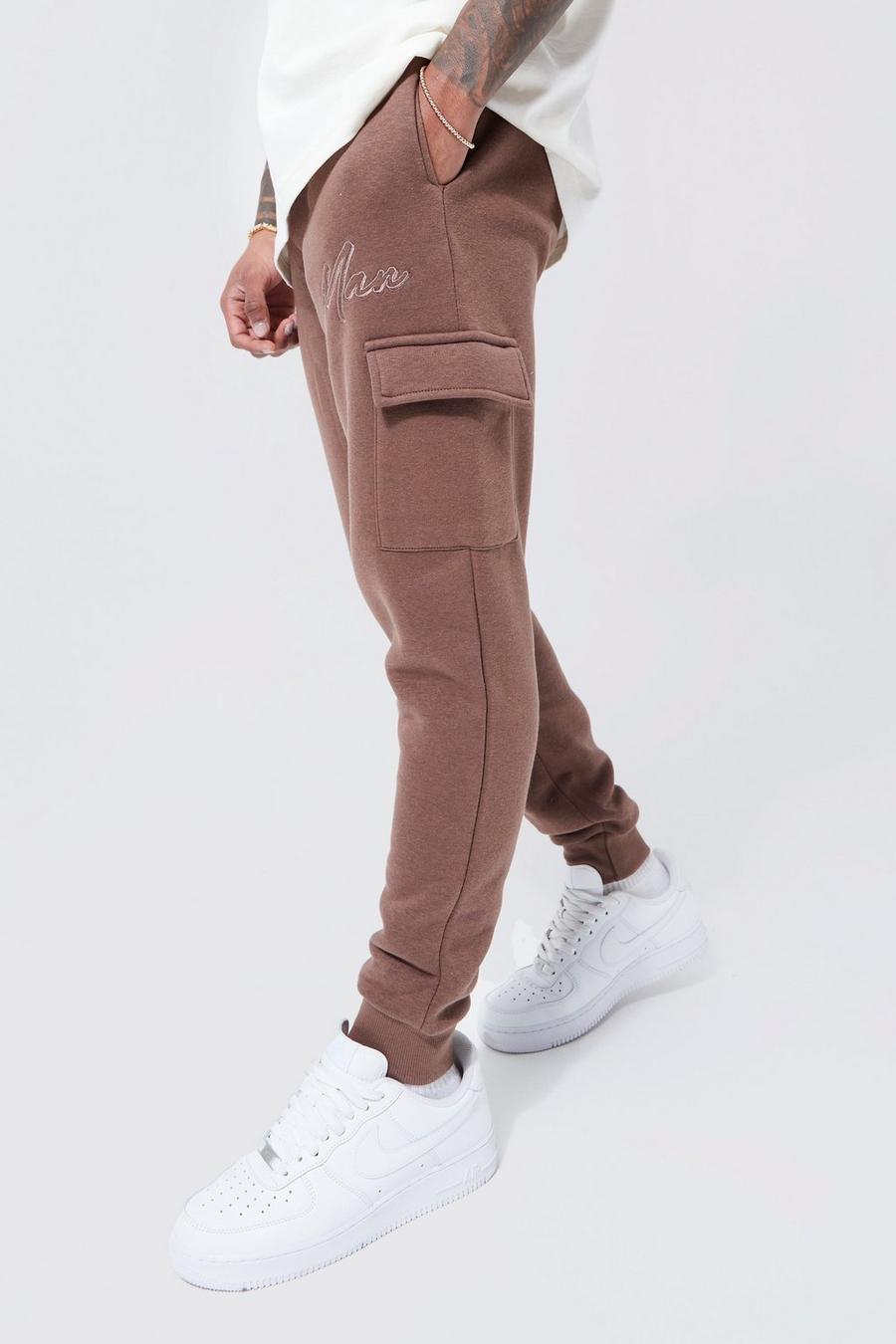 Coffee brown Man Script Skinny Fit Cargo Jogger image number 1