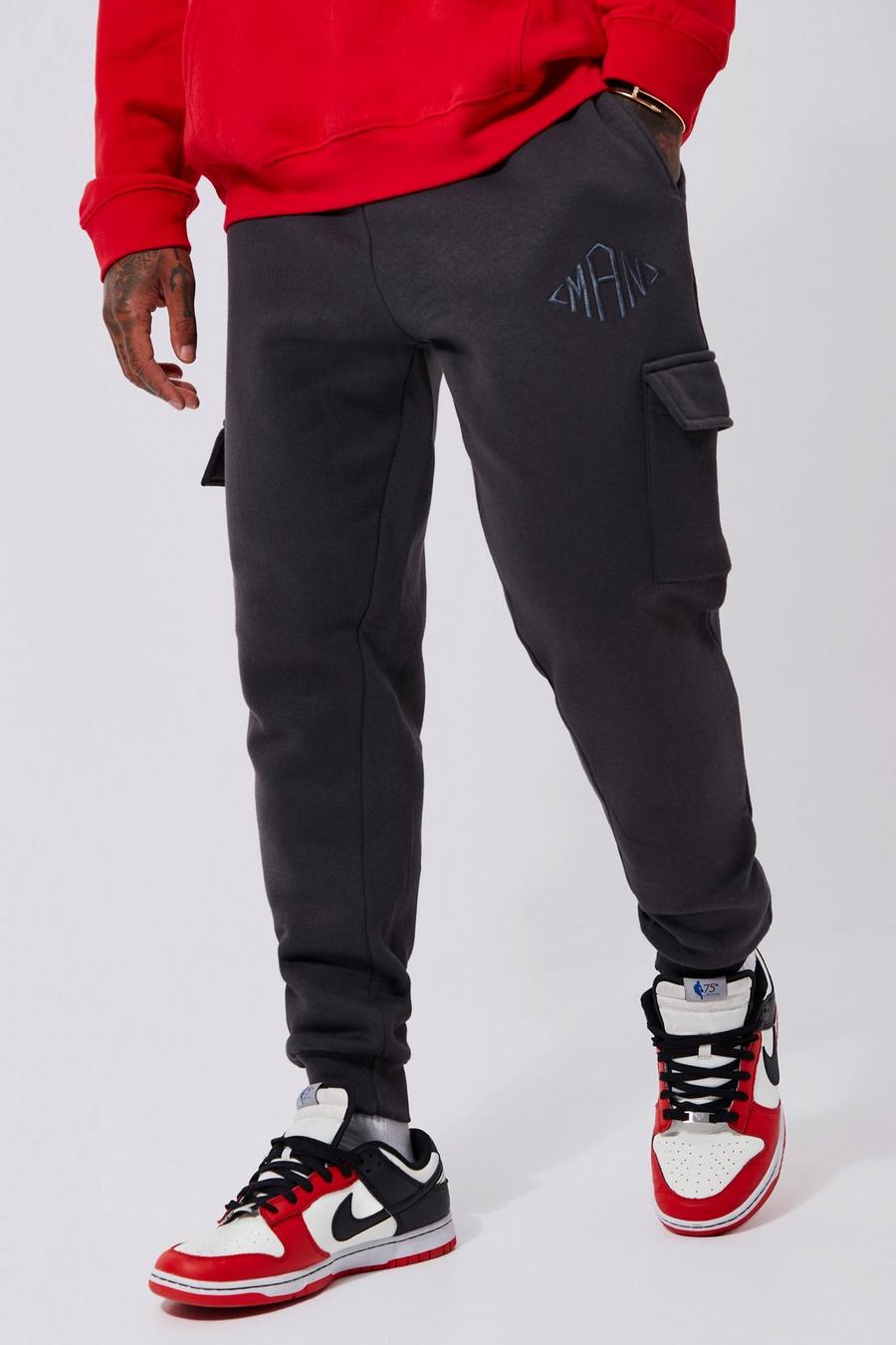 Pantaloni tuta Cargo Skinny Fit con scritta Man a losanga, Dark grey grigio