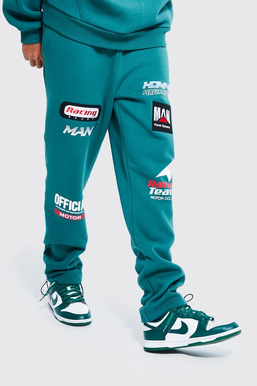 Pantaloni tuta sportivi Tall oversize con stemmi da motocross, Dark green gerde