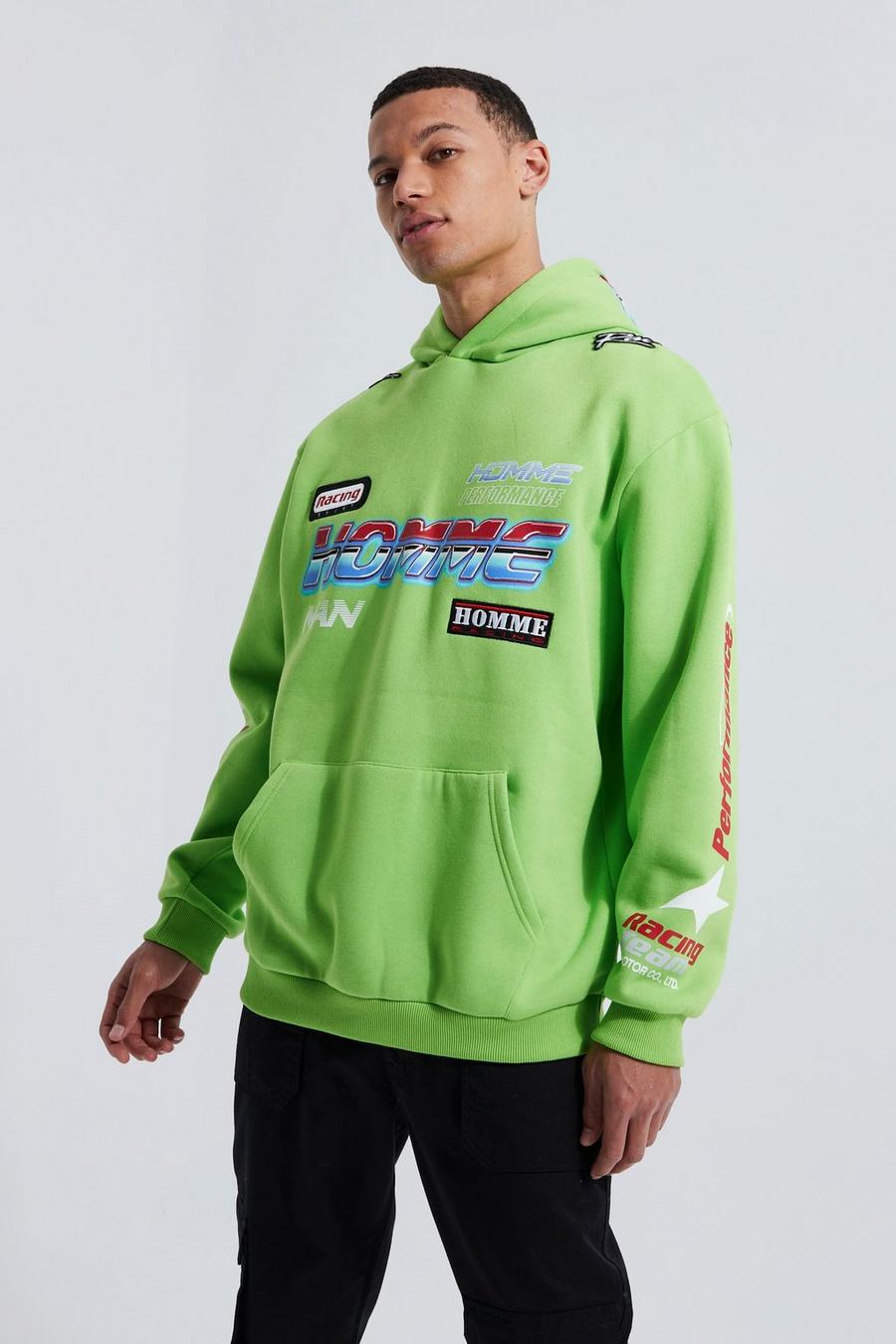 Lime Tall Oversized Mutlibadge Motor Sport Hoodie image number 1