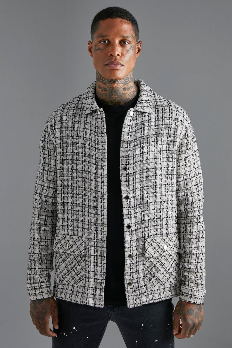 Ecru Heavyweight Boucle Check Overshirt With Pocket Details image number 1