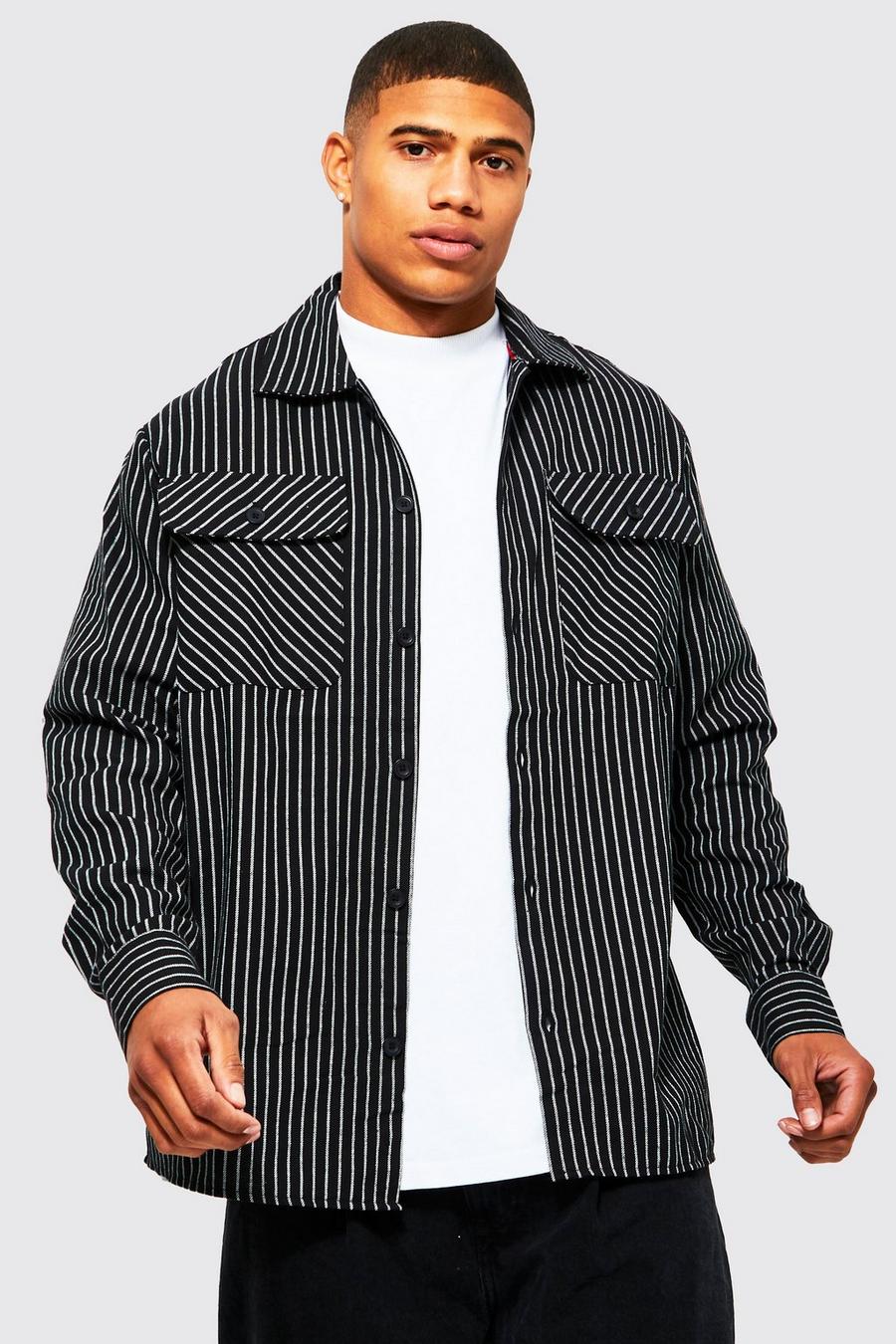 Black Vertical Stripe Overshirt image number 1