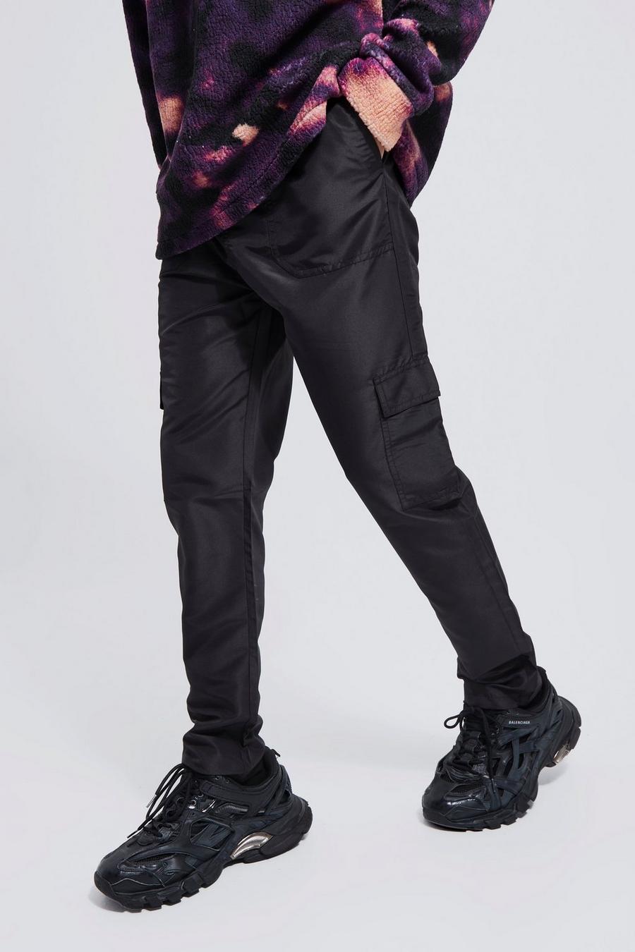 Pantaloni Cargo Skinny Fit in Shell con vita elasticizzata, Black negro