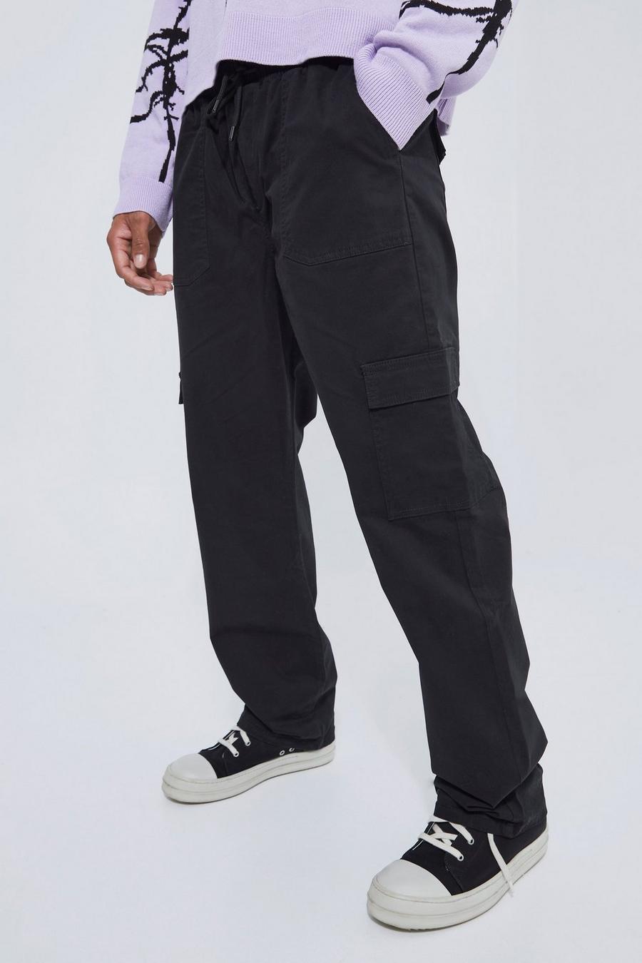 Mens Woven Cargo Pants, Tapered Fit Elasticated Waist, Black – Voi London
