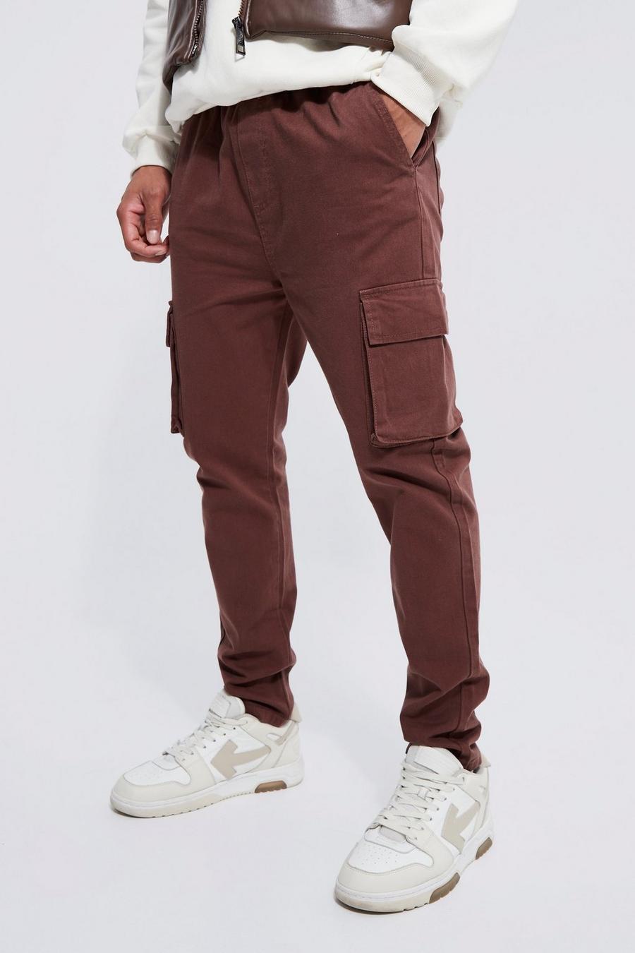 Pantalón cargo pitillo con cintura elástica, Chocolate marrón