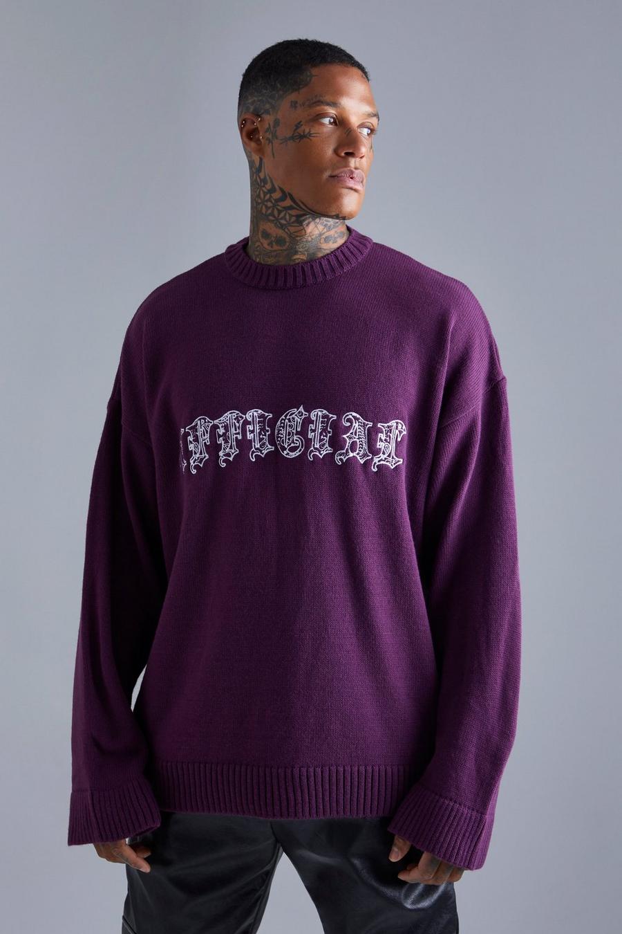 סגול purple סוודר סרוג עם כיתוב Official גותי רקום 
