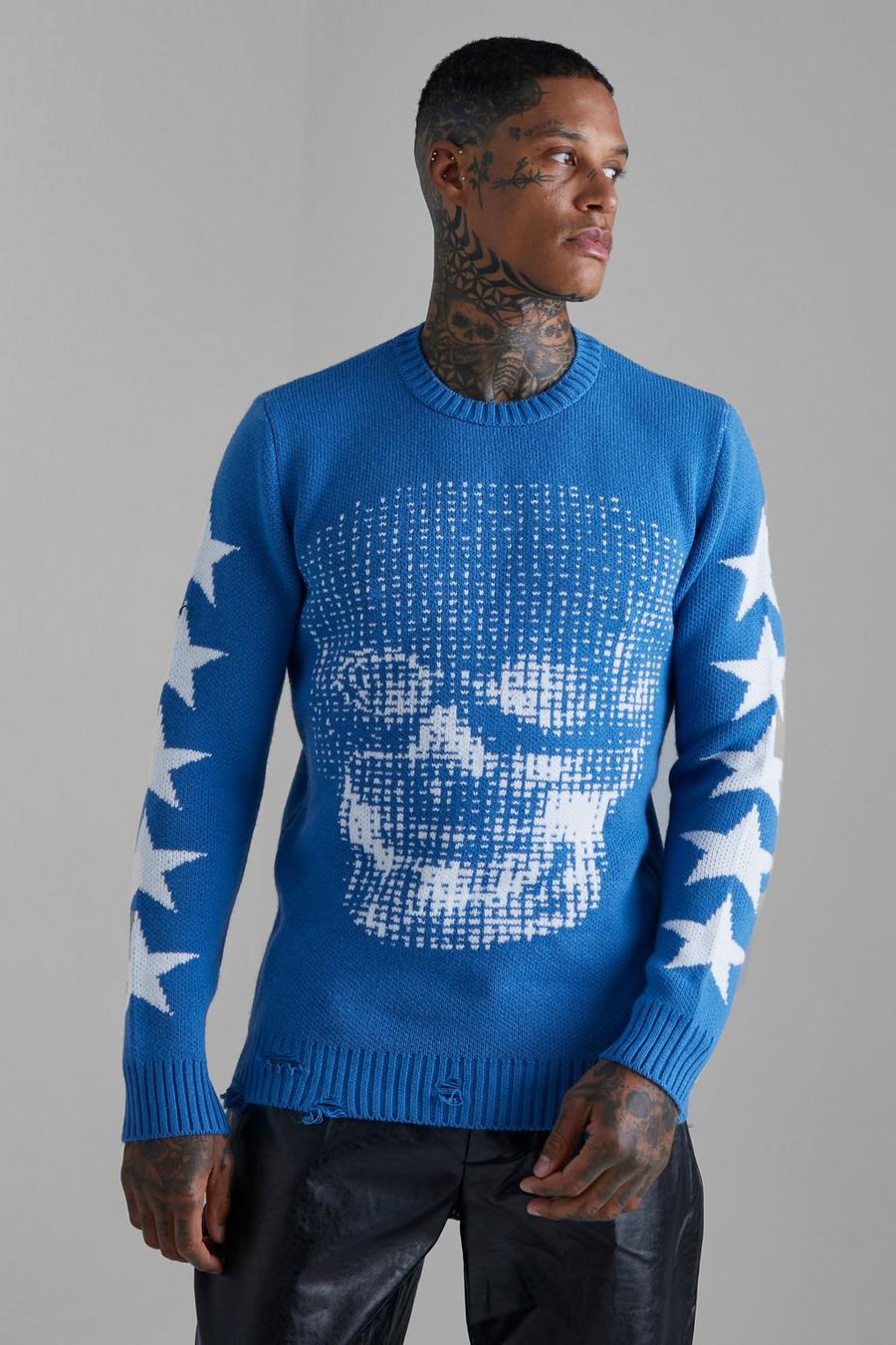 Blue blau Skull & Star Knitted Jumper