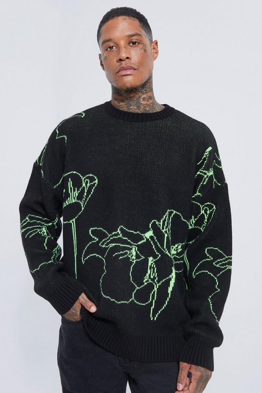 Green Neon Flower Line Knitted Jumper image number 1
