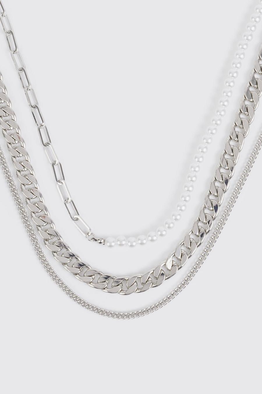 Silver Multi Layer Pearl Lock Detail Chain Necklace image number 1