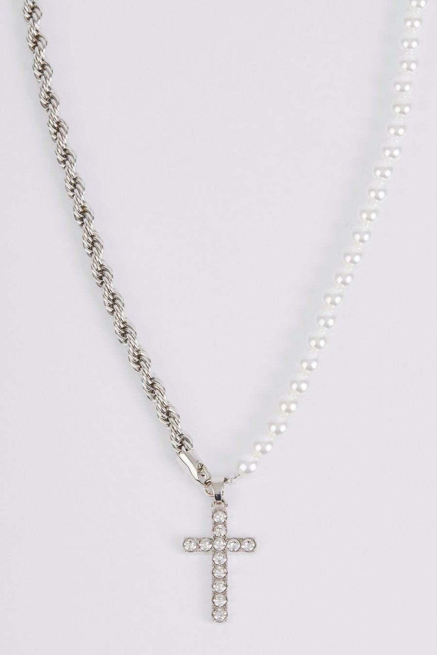 Collier chaîne et perles à pendentif croix strassée, Silver argent