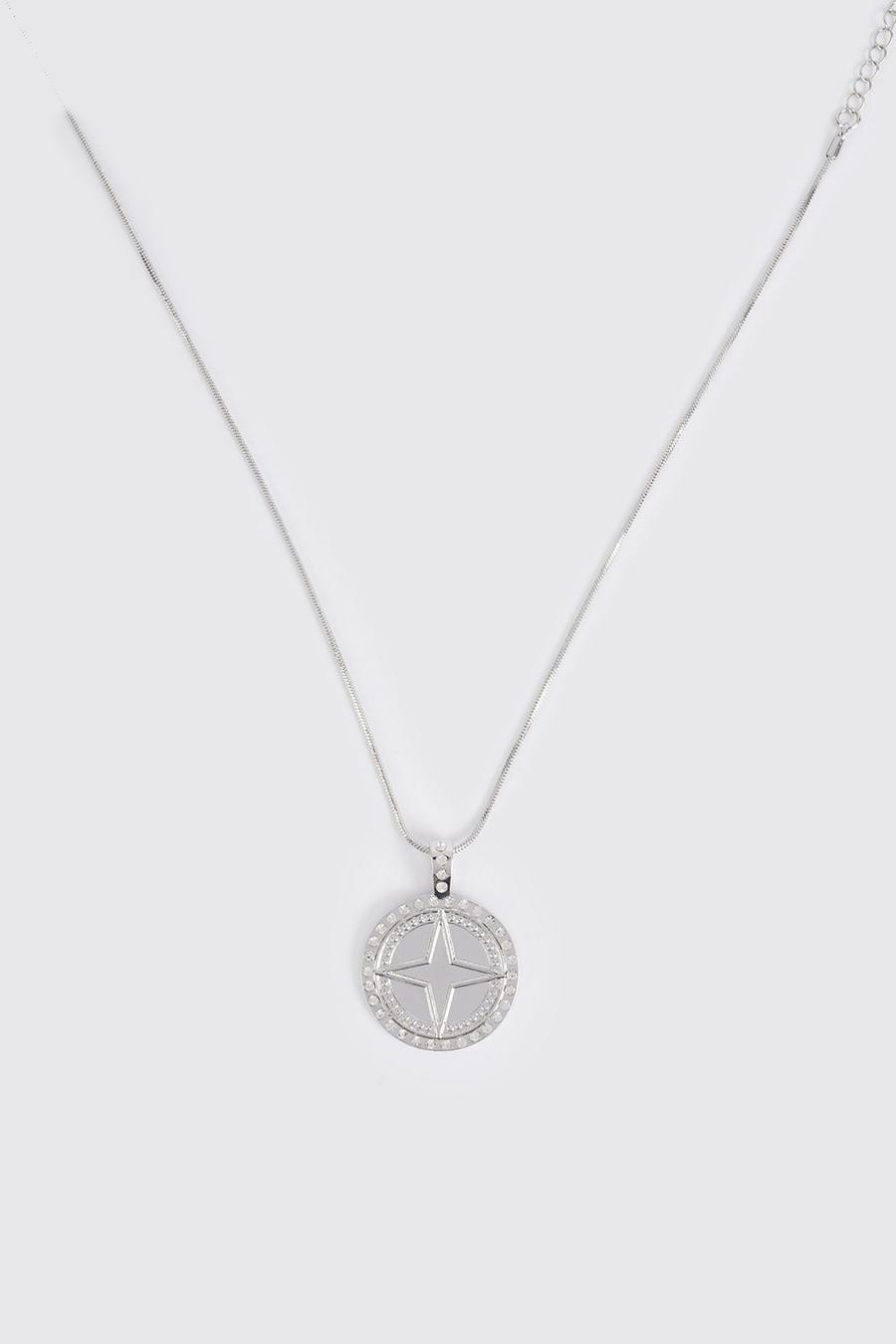 Silver Iced Compass Pendant Necklace image number 1