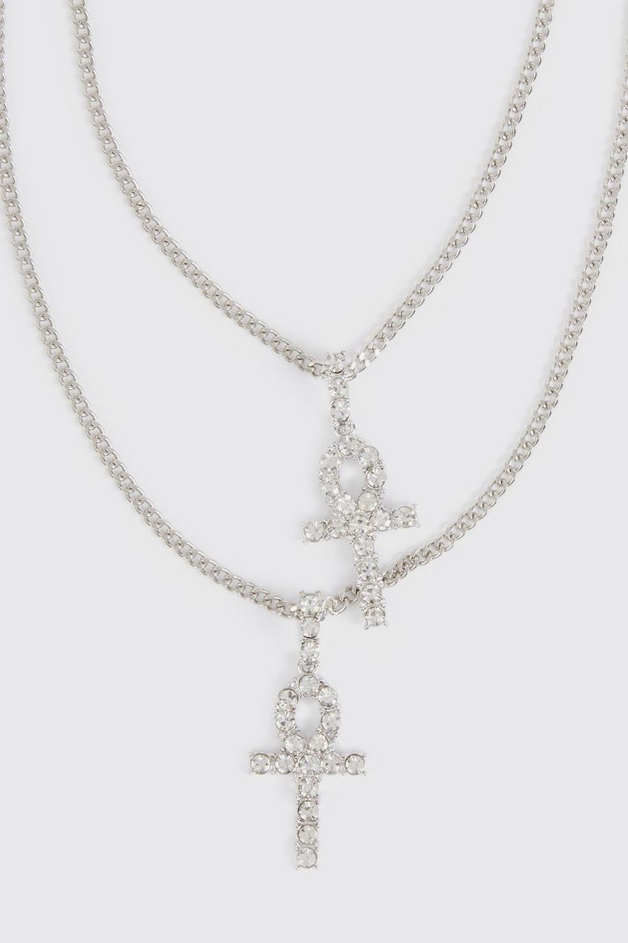 Silver argent Iced Ank And Cross Pendant Necklace