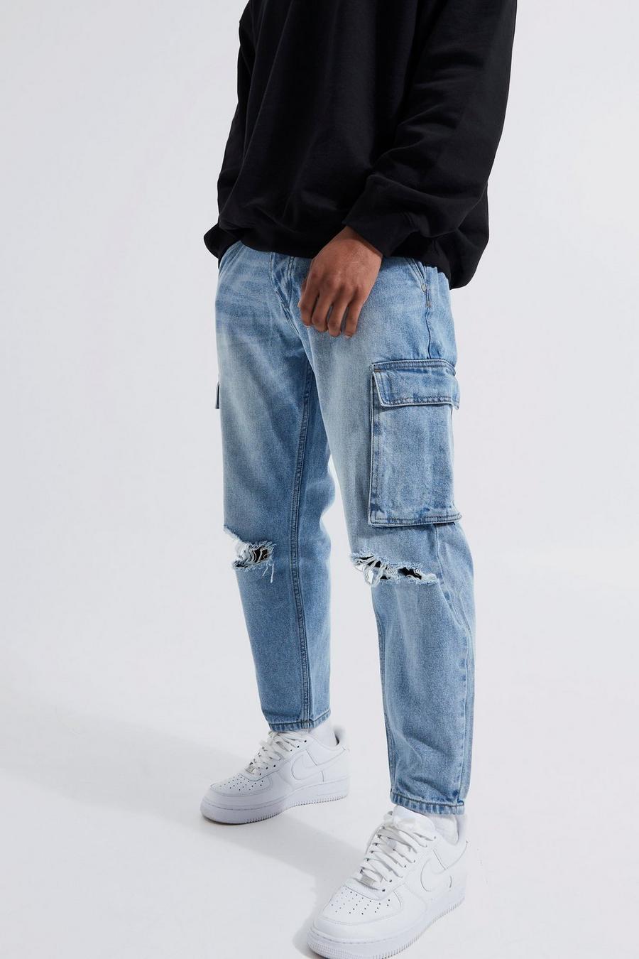 Light blue Relaxed Tapered Ripped Cargo Jeans image number 1