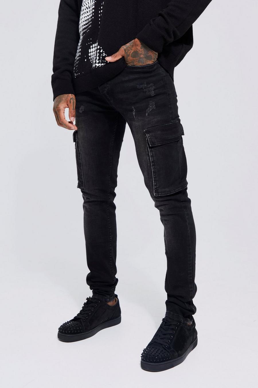 Washed black Skinny Stretch Distressed Cargo Stacked Jeans