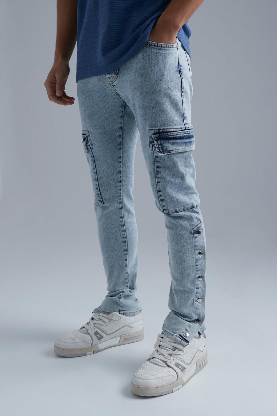 Skinny Stretch Cargo-Jeans mit Druckknopf-Detail, Ice blue
