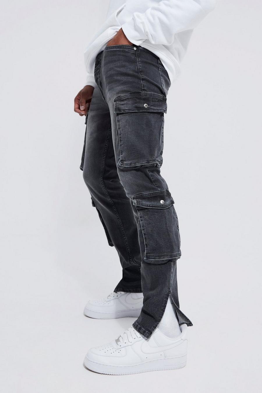 Dark grey Skinny Stretch Multi Cargo Split Hem Jeans image number 1