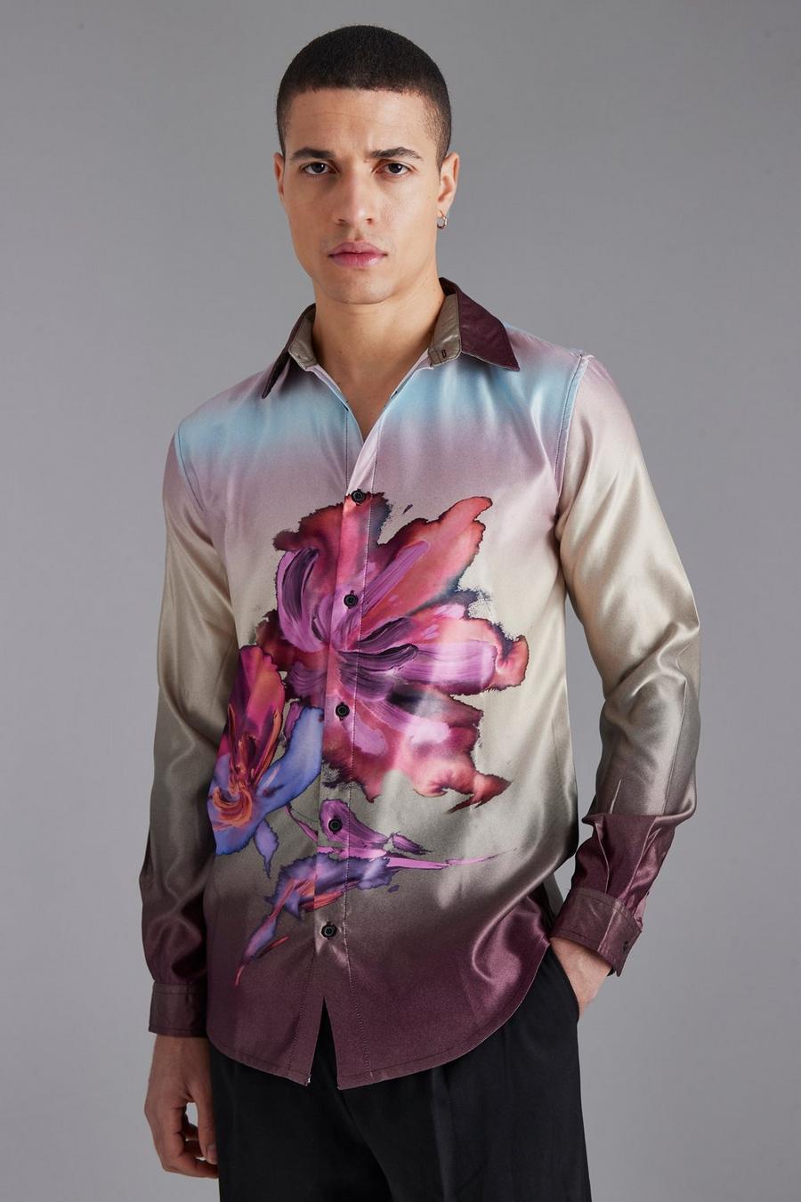 Multi Long Sleeve Heavy Satin Floral Shirt image number 1
