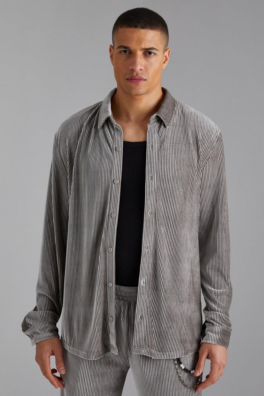 Camicia in velours a pieghe con maniche lunghe, Grey image number 1