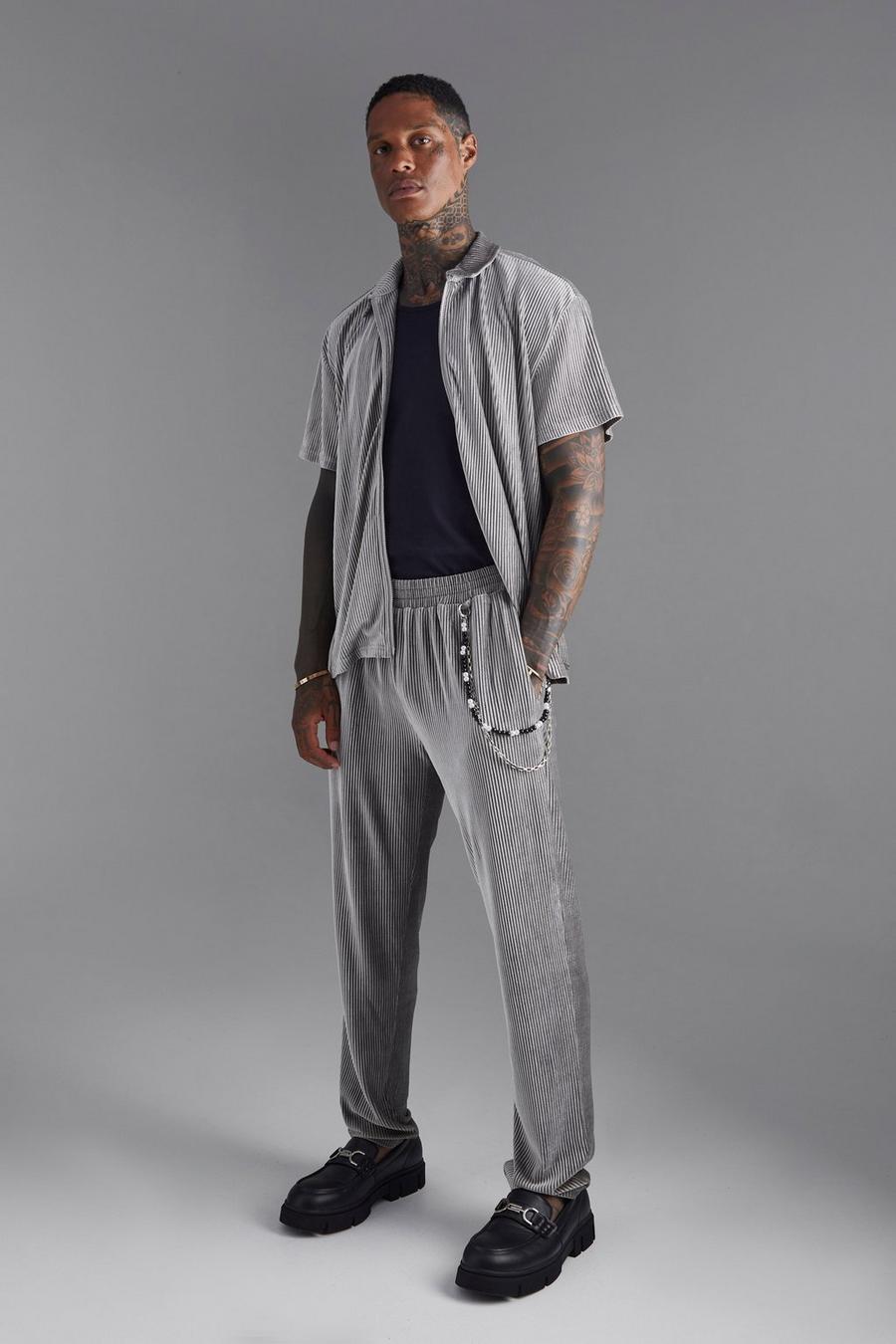 Grey Short Sleeve Pleated Velour Boxy Shirt And Trouser image number 1