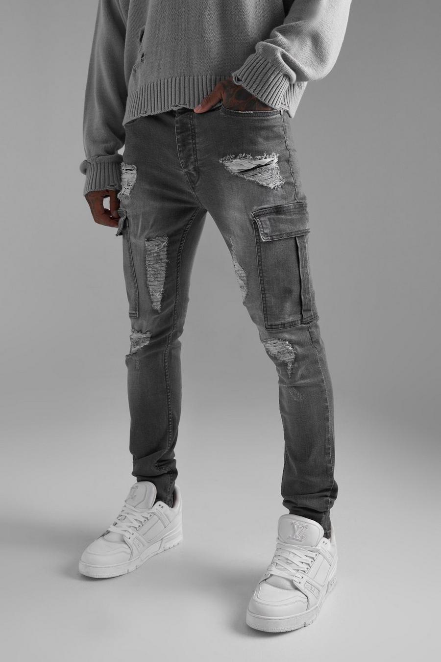 Mid grey Slitna skinny jeans med cargofickor och lagningar image number 1