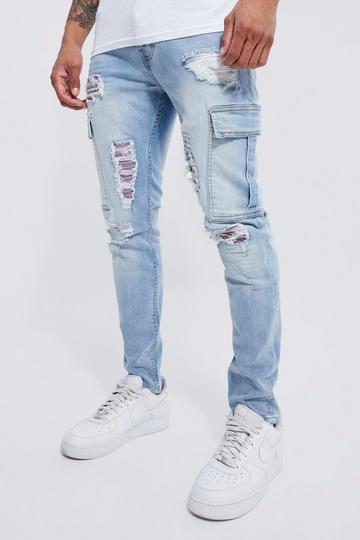 Stretch Cargo Rip & Repair Skinny Jeans light blue