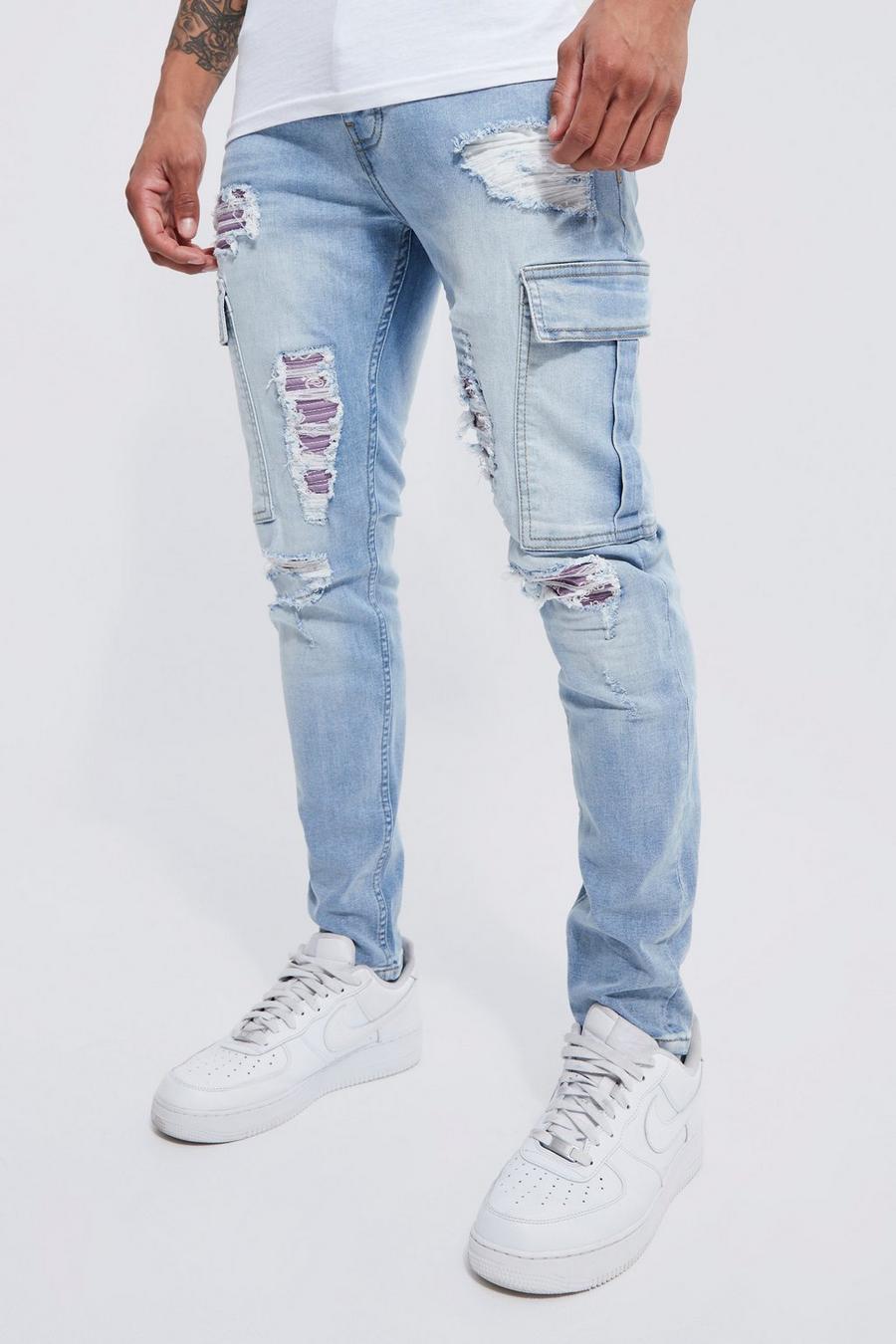 Light blue Skinny Stretch Rip & Repair Cargo Jeans image number 1