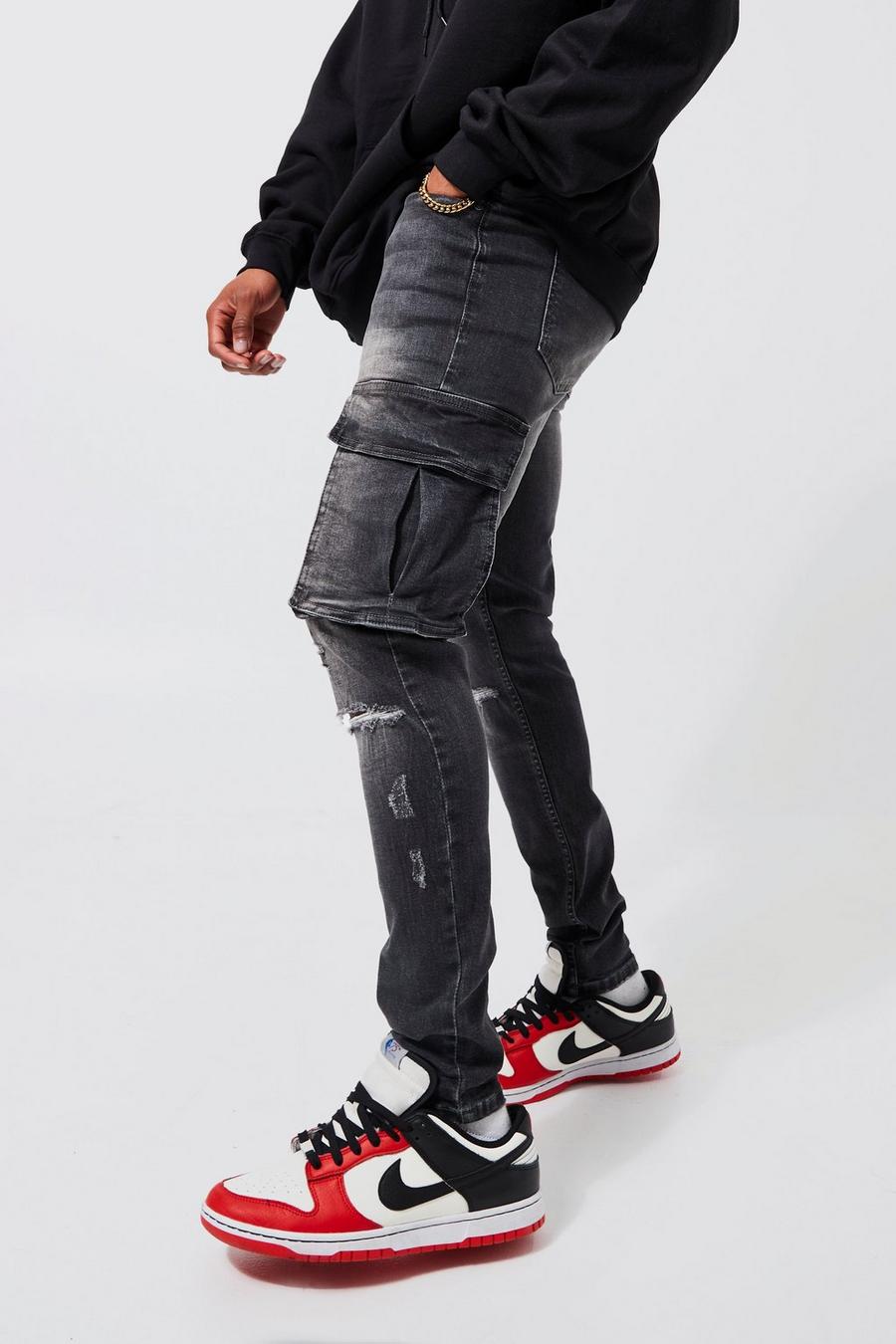 Mid grey grigio Super Skinny Cargo Jeans With Knee Rips