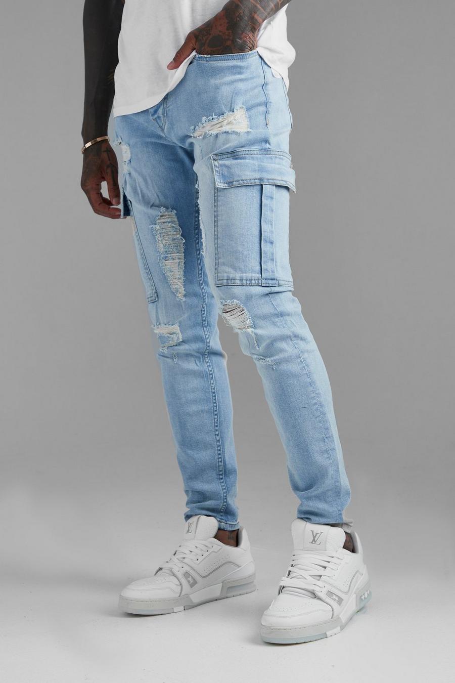 Ice blue Skinny Stretch Rip & Repair Bandana Cargo Jeans image number 1