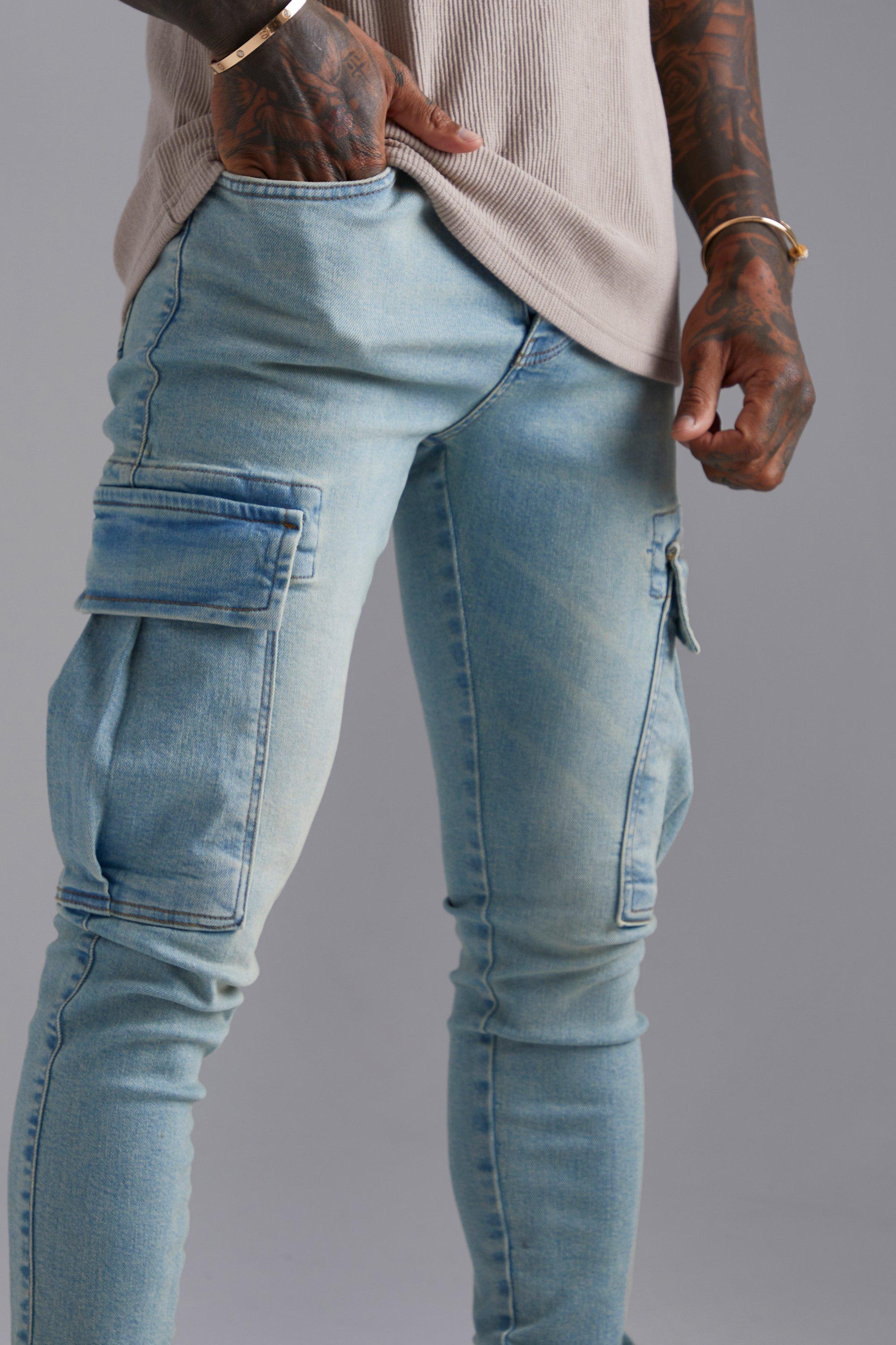 Baggy Fit Acid Wash Cargo Jeans