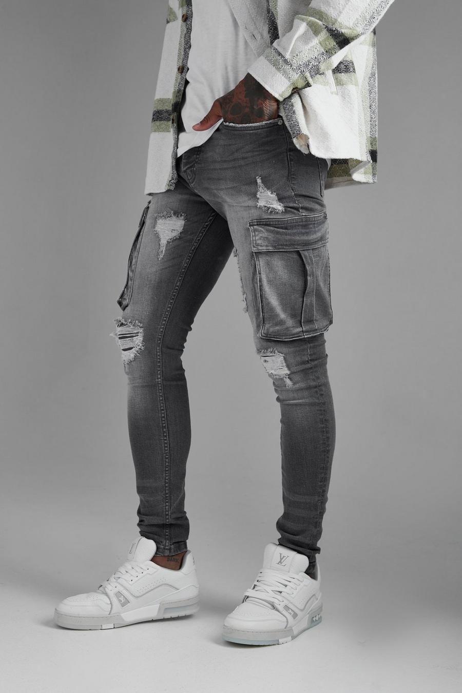 Mid grey Super Skinny Multi Rip Cargo Jeans image number 1