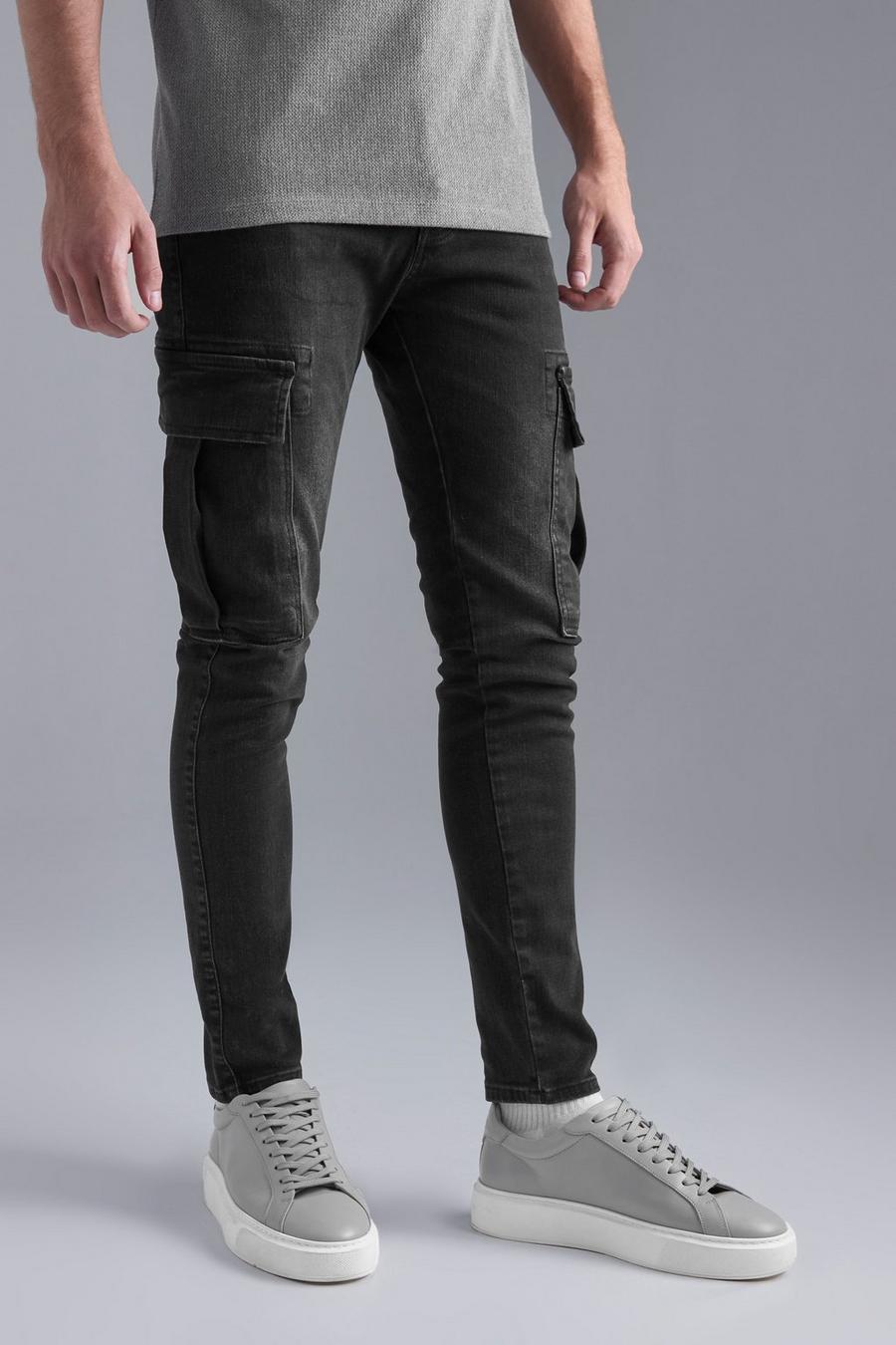 Washed black Skinny Stretch Distressed Cargo Jeans image number 1