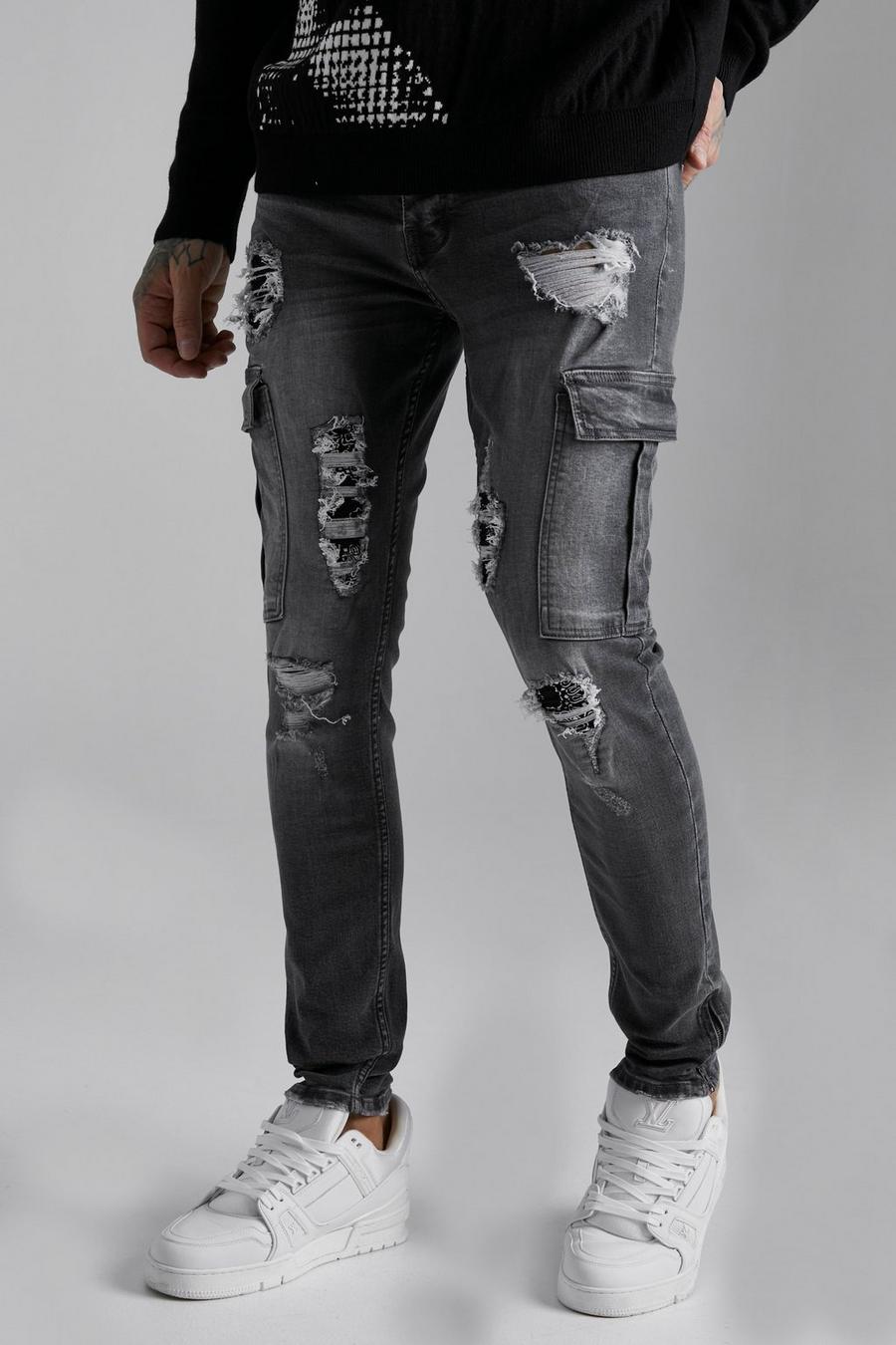 Mid grey gris Skinny Stretch Rip & Repair Cargo Jeans