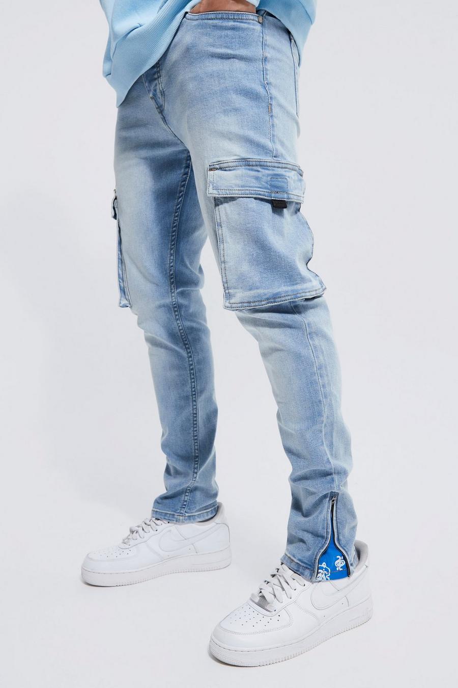 Ice blue Bandana Print Stretch Cargo Skinny Jeans Met Split image number 1