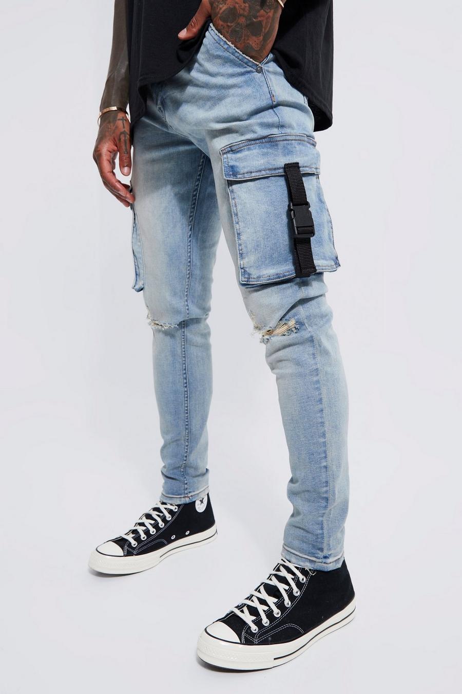 Antique wash blå Skinny Stretch Ripped Cargo Buckle Jeans