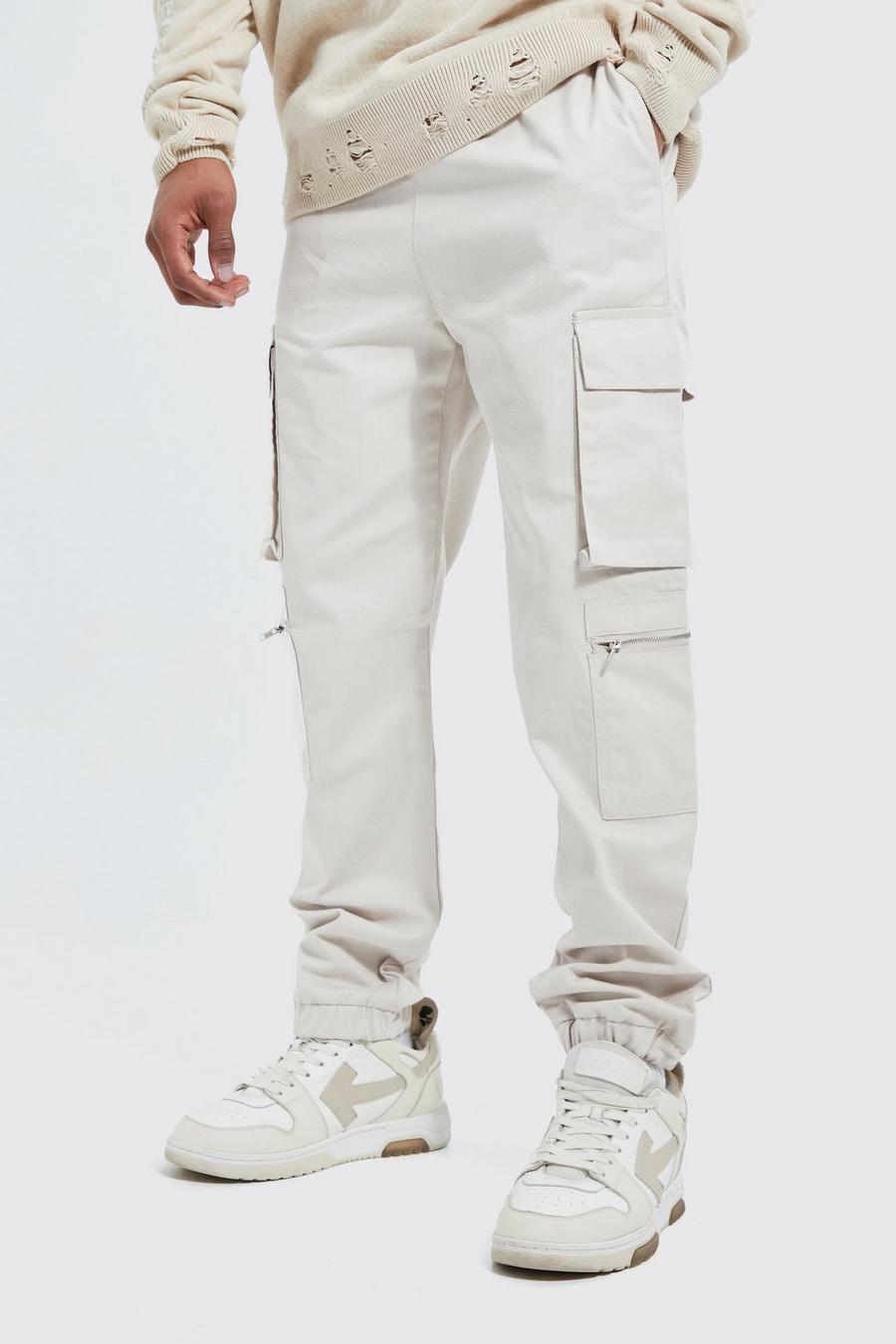 Pantalon cargo zippé à poches multiples, Ecru white