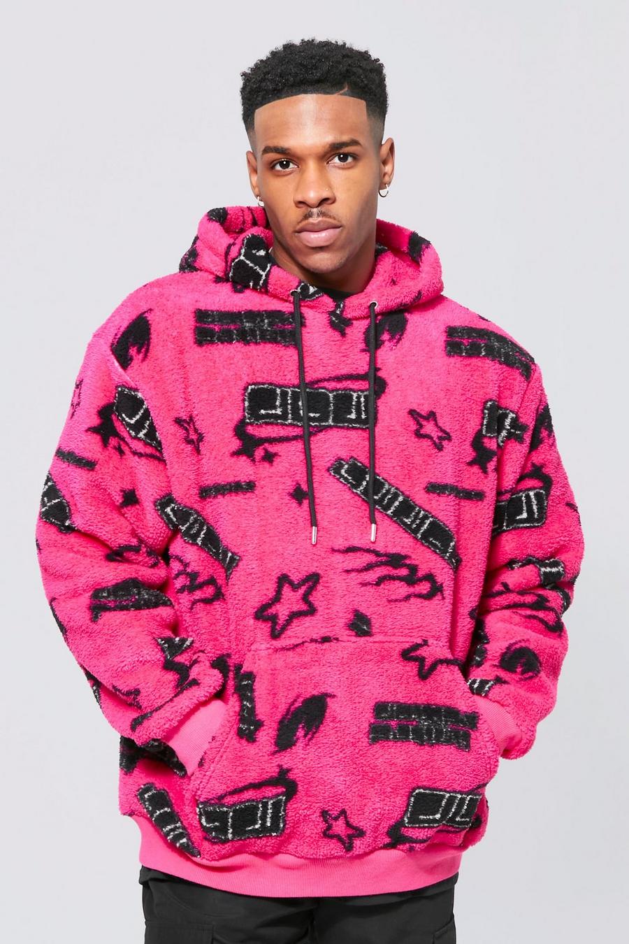 Pink Oversized mönstrad hoodie i teddy image number 1