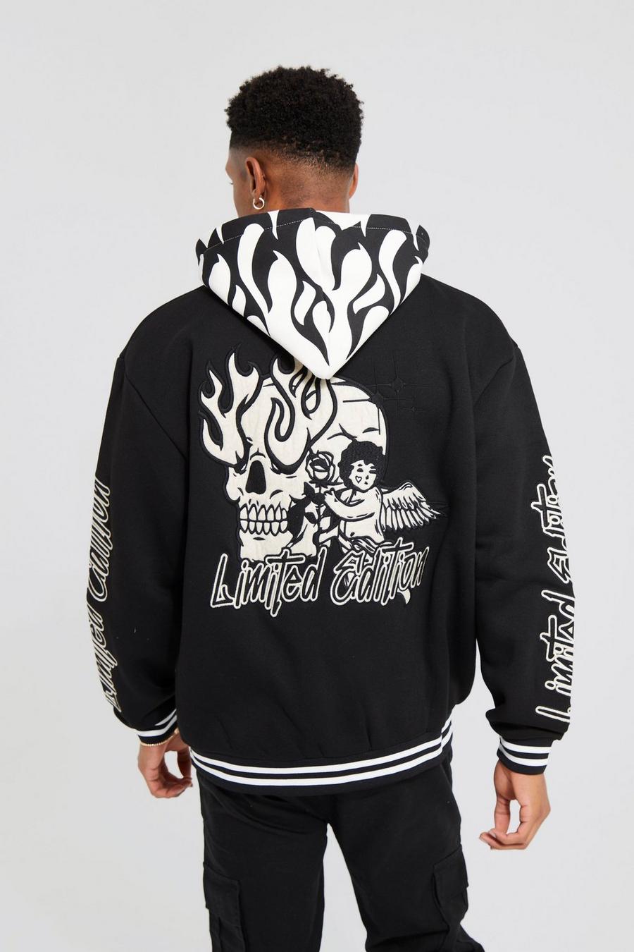 Black Oversized Limited Edition Flame Hooded Bomber image number 1