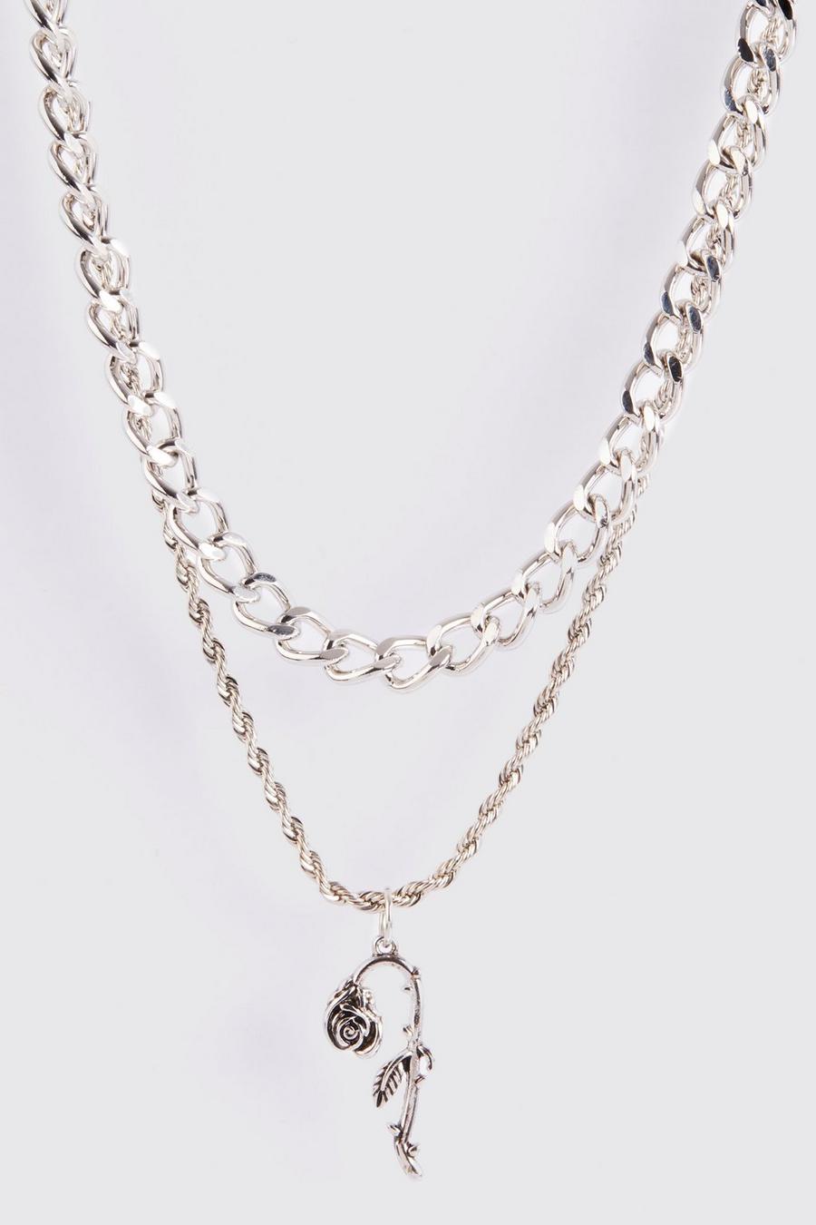 Silver Multi Layer Rose Pendant Necklace
