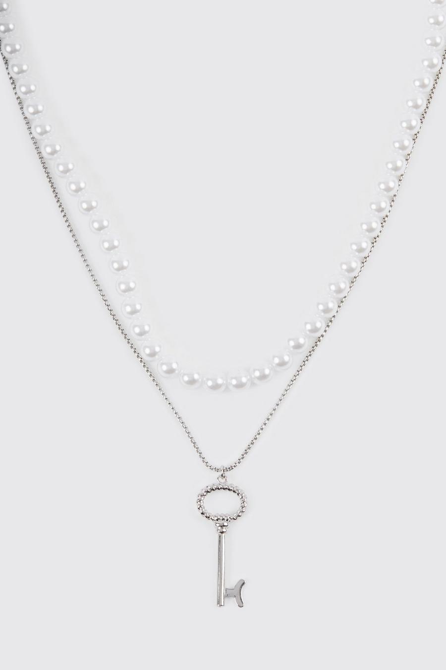 Silver Pearl Key Multi Layer Necklace