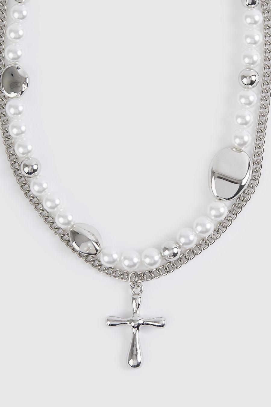 Silver Pearl Cross Multi Layer Necklace
