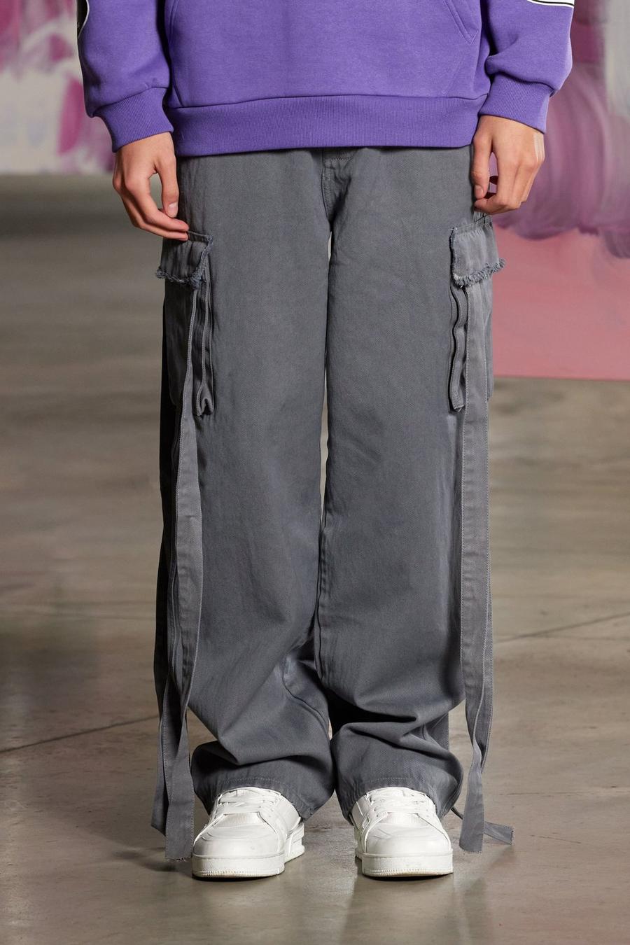 Light grey Baggy Fit Cargo Jeans With Straps image number 1