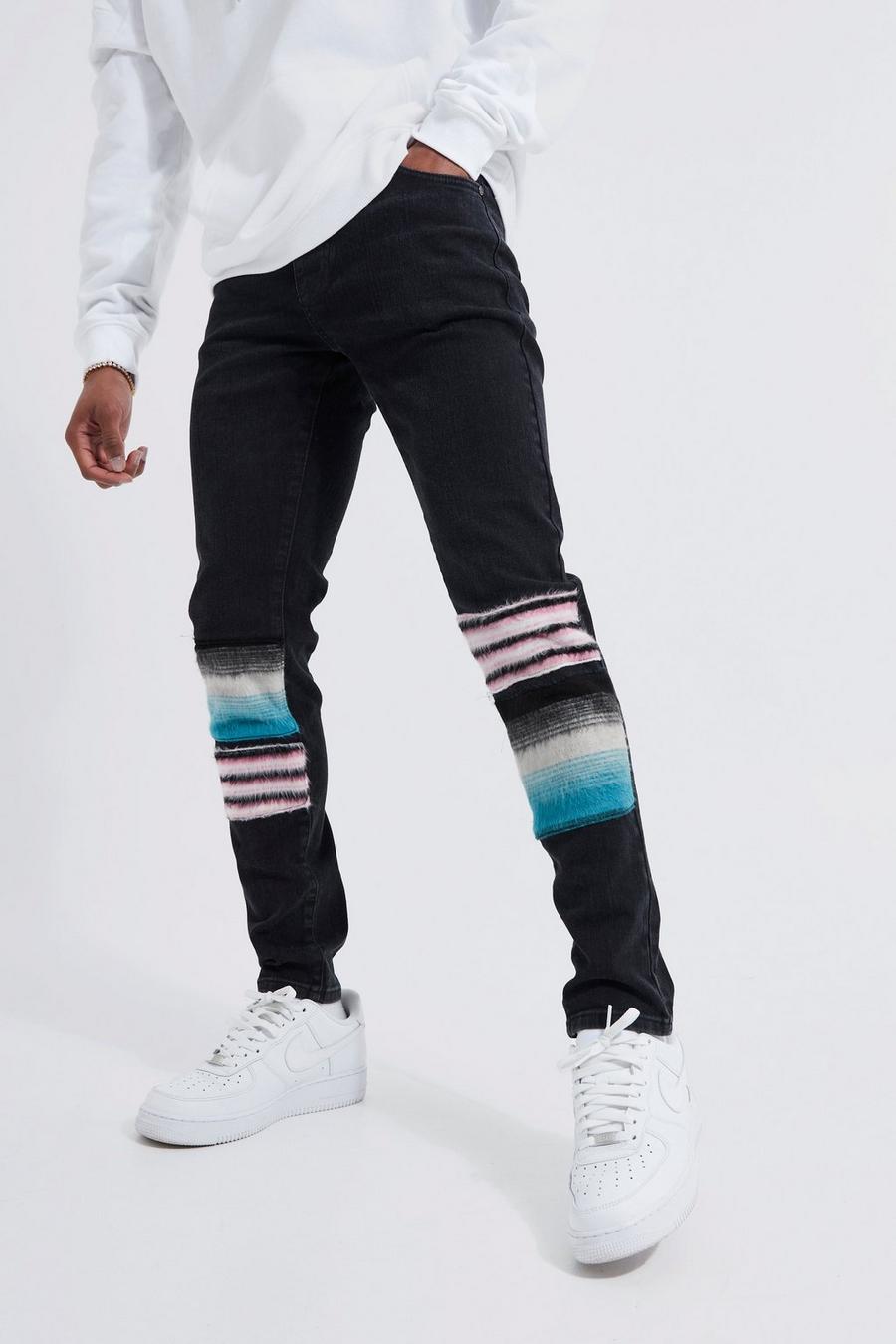 Jeans Skinny Fit in denim Stretch spazzolato a effetto patchwork, Washed black