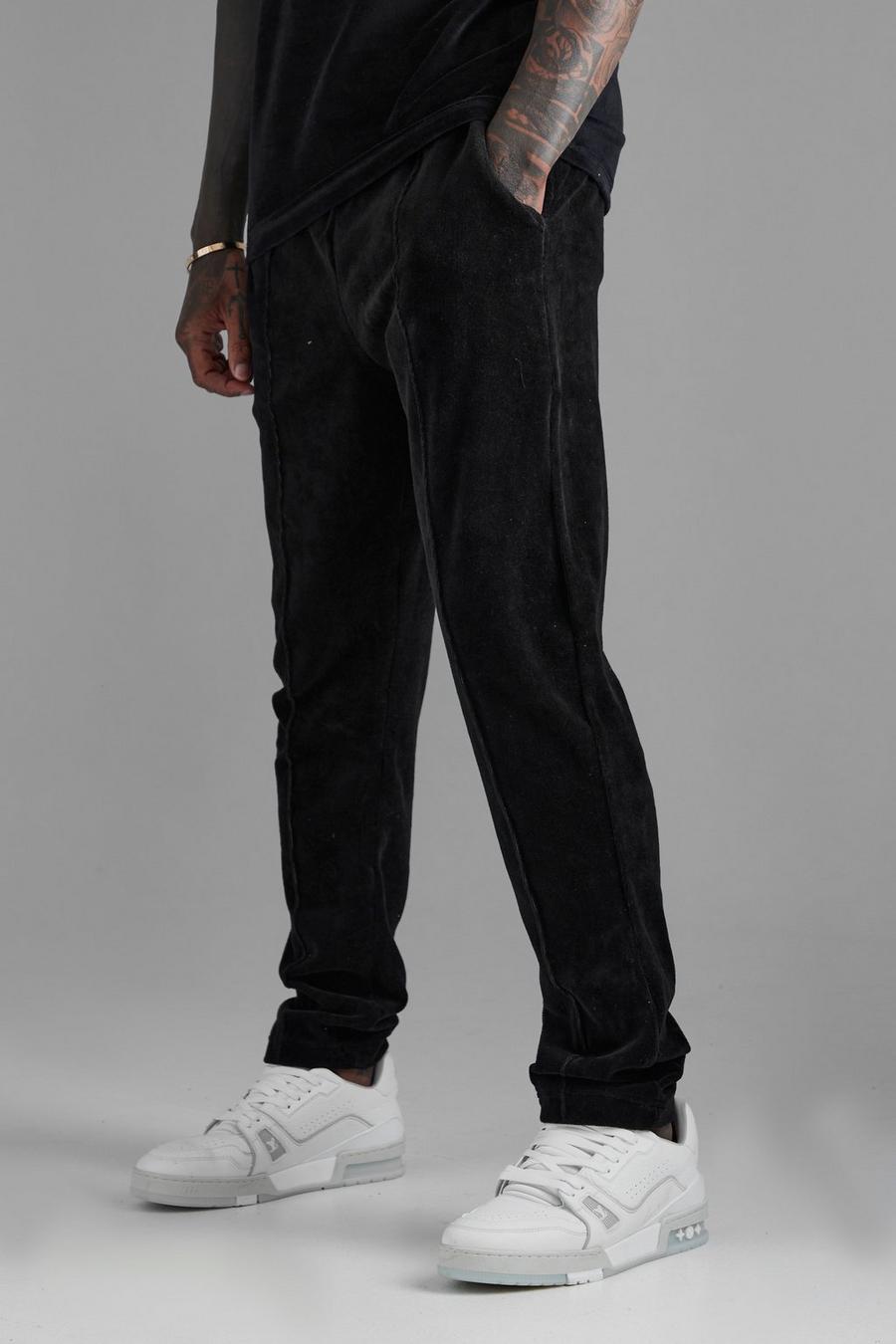 Pantalón deportivo pitillo de terciopelo con alforza, Black negro