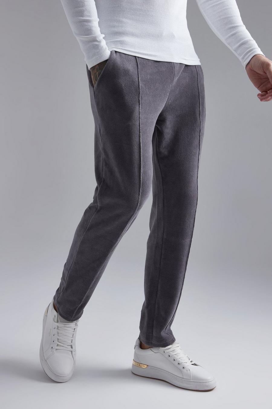 Pantaloni tuta Skinny Fit in velours con nervature, Charcoal grigio
