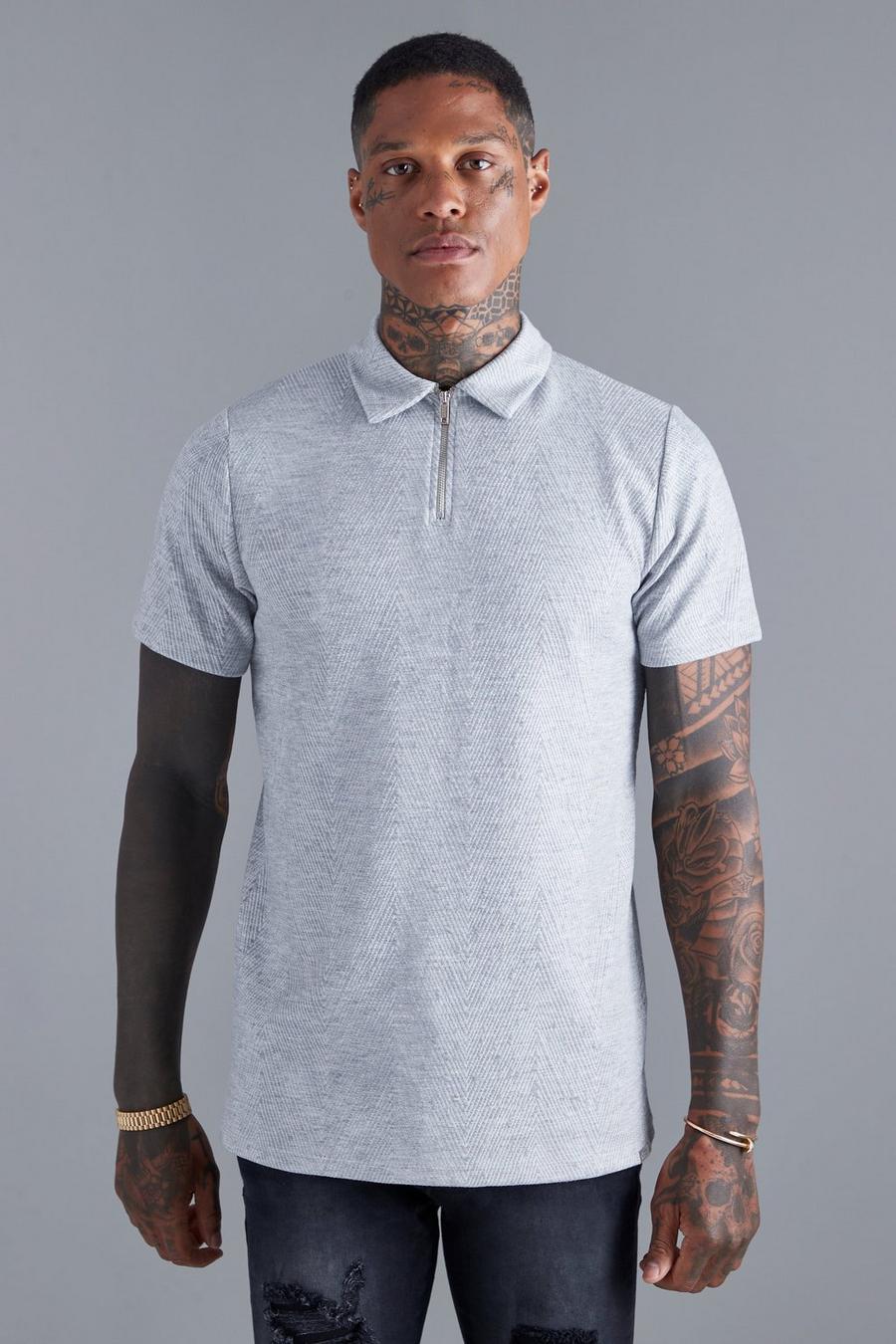 Light grey Slim Fit Jacquard Zip Polo With Man Tab image number 1