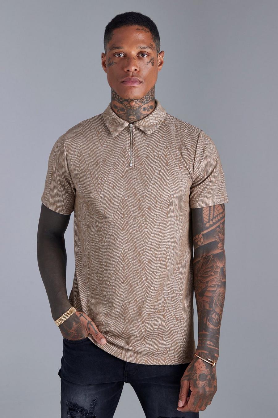 Stone Slim Fit Jacquard Zip Polo With Man Tab image number 1