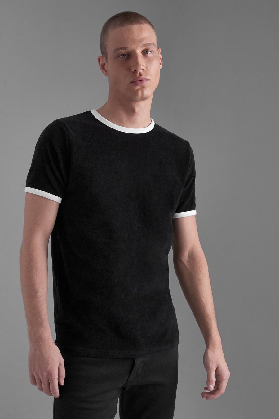 Black Slim Fit Velour Ringer T-shirt  image number 1