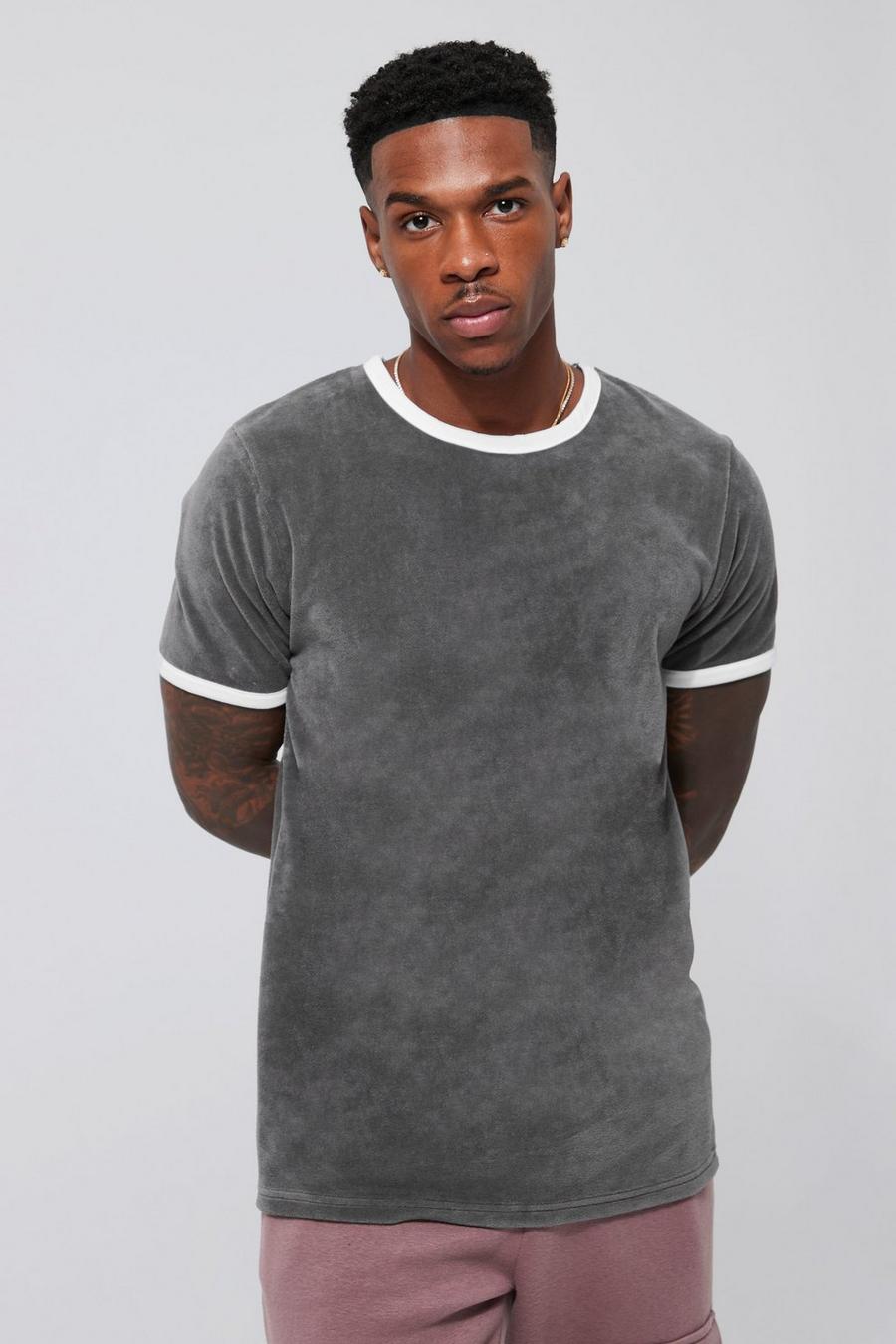 Charcoal Slim Fit Velour Ringer T-shirt   image number 1