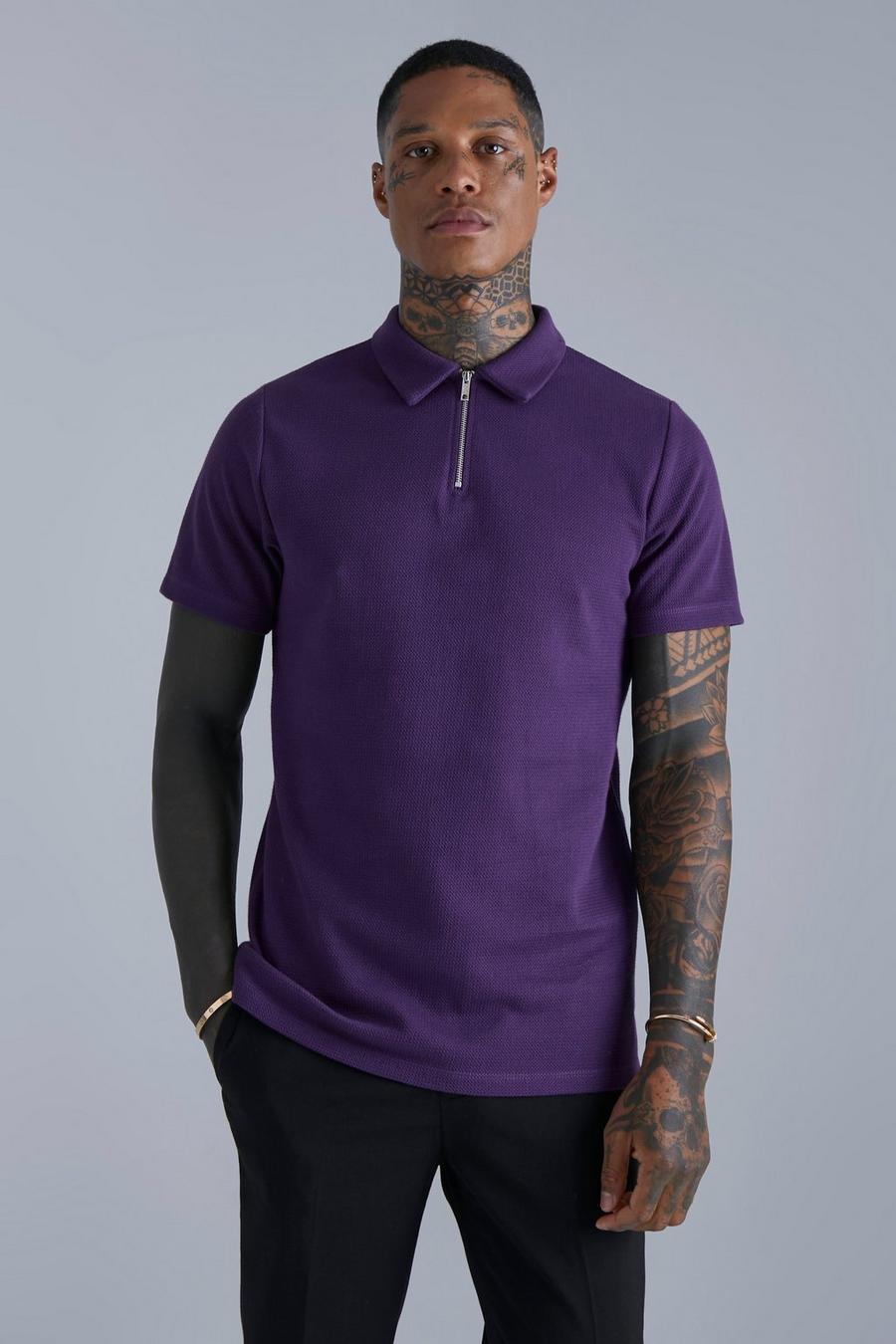 Wine Slim Fit Jacquard Zip Polo With Man Tab image number 1