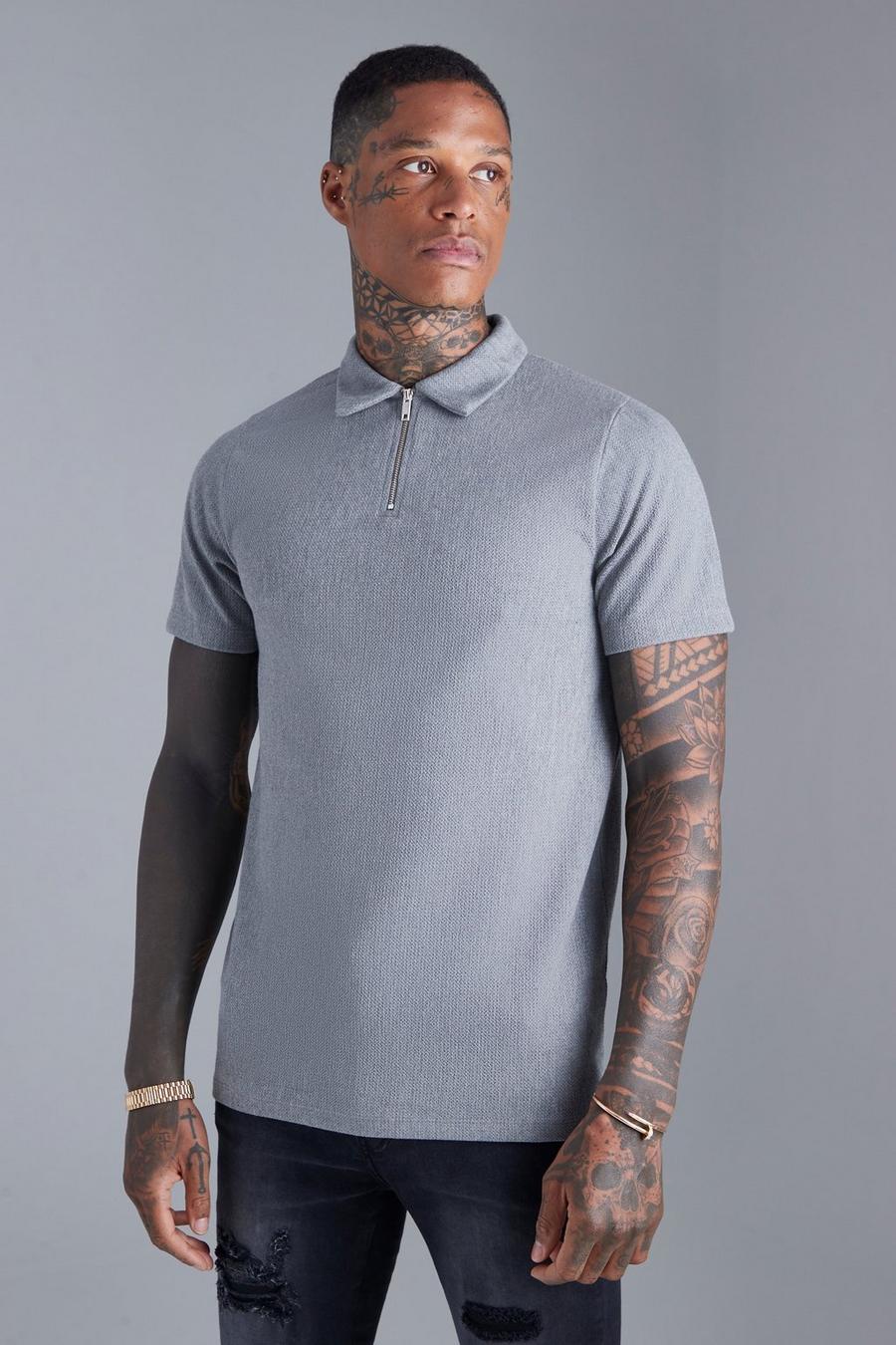 Grey Slim Fit Jacquard Zip Polo With Man Tab image number 1